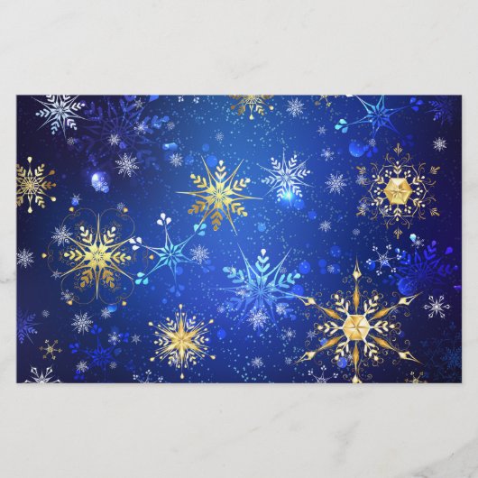 Kerstmis Blauwe Achtergrond met Gouden Sneeuwvlokk Briefpapier (Voorkant)