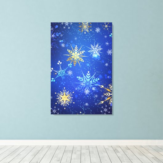 Kerstmis Blauwe Achtergrond met Gouden Sneeuwvlokk Canvas Afdruk (Insitu (Houten vloer))
