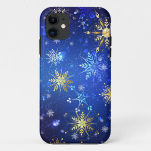 Kerstmis Blauwe Achtergrond met Gouden Sneeuwvlokk iPhone 11 Hoesje