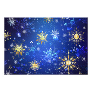 Kerstmis Blauwe Achtergrond met Gouden Sneeuwvlokk Foto Afdruk