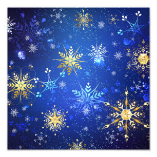 Kerstmis Blauwe Achtergrond met Gouden Sneeuwvlokk Foto Afdruk