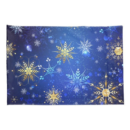 Kerstmis Blauwe Achtergrond met Gouden Sneeuwvlokk Kussensloop (Achterkant-Rechts)