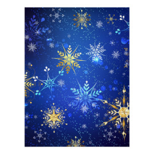 Kerstmis Blauwe Achtergrond met Gouden Sneeuwvlokk Perfect Poster