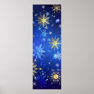 Kerstmis Blauwe Achtergrond met Gouden Sneeuwvlokk Poster