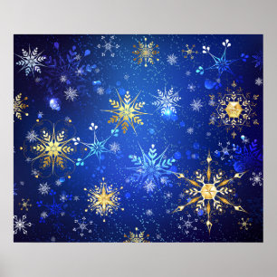 Kerstmis Blauwe Achtergrond met Gouden Sneeuwvlokk Poster