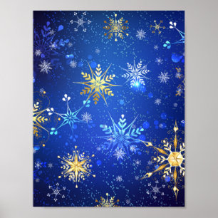 Kerstmis Blauwe Achtergrond met Gouden Sneeuwvlokk Poster