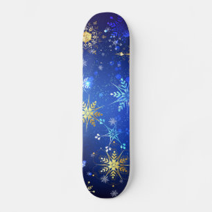Kerstmis Blauwe Achtergrond met Gouden Sneeuwvlokk Skateboard