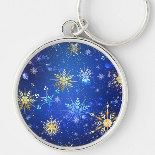 Kerstmis Blauwe Achtergrond met Gouden Sneeuwvlokk Sleutelhanger (Voorkant)