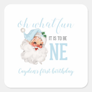 Kerstmis Blauwe Kerstman Eerste Verjaardag Vierkante Sticker