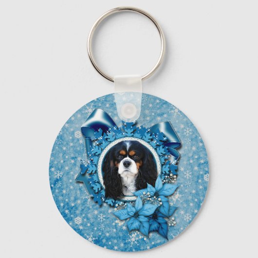 Kerstmis - Blauwe Snowflakes - Cavaliers Sleutelhanger (Voorkant)