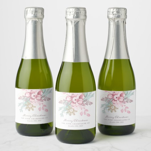Kerstmis Bloemen Bessen Roze Champagne Labels Sparkling Wijnetiket (Flessen)