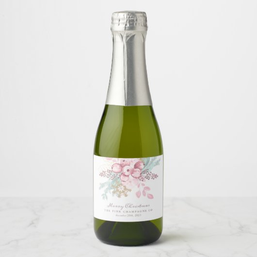 Kerstmis Bloemen Bessen Roze Champagne Labels Sparkling Wijnetiket (Voorkant)