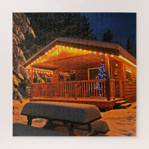 Kerstmis blokhut sneeuw nacht legpuzzel