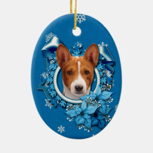 Kerstmis - Blue Snowflake - Basenji Keramisch Ornament (Achterkant)