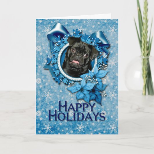 Kerstmis - Blue Snowflake - Pug - Ruffy Feestdagen Kaart (Voorkant)