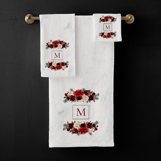 Kerstmis Boho Chic Bloementak Marmer Monogram Bad Handdoek