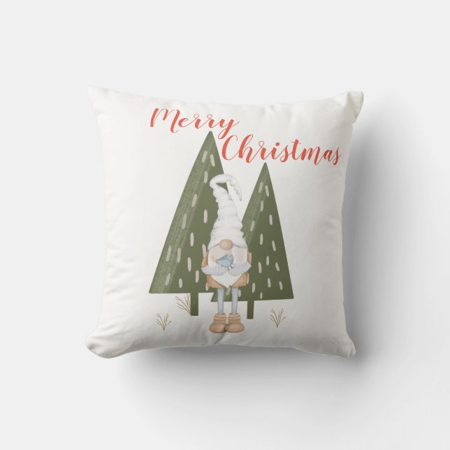 Kerstmis Bos Kabouter Wit Kussen (Voorkant)