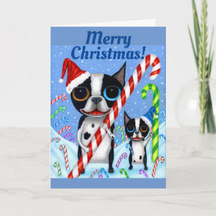 Kerstmis Boston Terrier Dogs Candy Cane Santa Hat Kaart