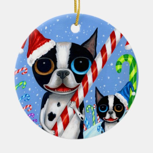 Kerstmis Boston Terrier Dogs Candy Cane Santa Hat Keramisch Ornament (Voorkant)