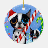 Kerstmis Boston Terrier Dogs Candy Cane Santa Hat Keramisch Ornament (Achterkant)