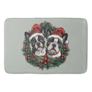 Kerstmis Boston Terrier Honden Vakantie Krans Badmat