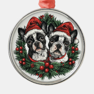 Kerstmis Boston Terrier Honden Vakantie Krans Metalen Ornament
