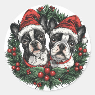 Kerstmis Boston Terrier Honden Vakantie Krans Ronde Sticker