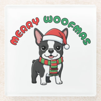 Kerstmis Boston Terrier Onderzetter: Prettig Woefm Glazen Onderzetter