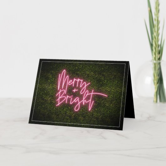 Kerstmis Boxwood Neon Licht Merry + Bright Kaart (Voorkant)