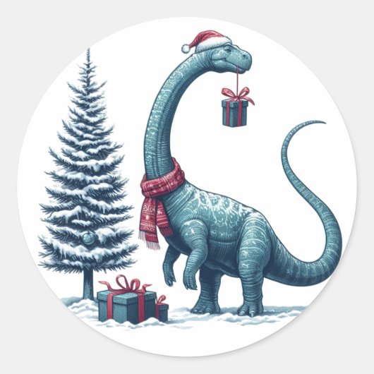 Kerstmis Brontosaurus dinosaurus Ronde Sticker (Voorkant)