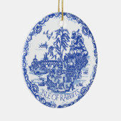 Kerstmis Bunny Rabbit Pet Fotodatum Blauw Willow Keramisch Ornament (Rechts)