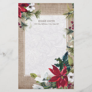 Kerstmis burlap kant Poinsettias groene bladeren Briefpapier