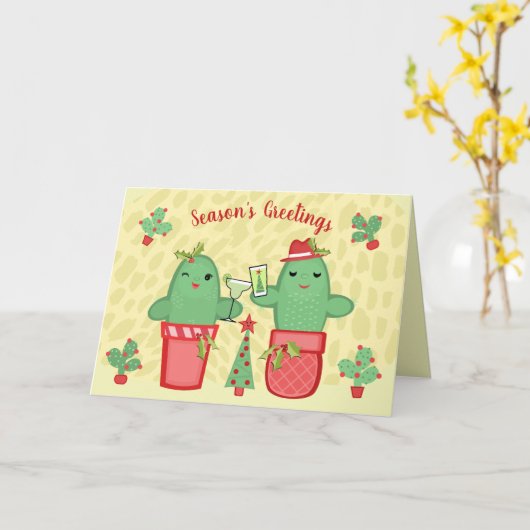Kerstmis Cactus Paar Custom Groet Kaart (Gele Bloem)