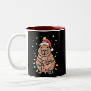 Kerstmis Capybara Met Kerstman Hoed Xmas Lichten B Tweekleurige Koffiemok