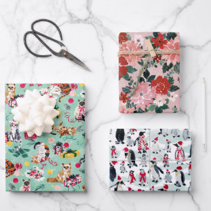 KERSTMIS CHAOS BUNDEL KATTEN, PINGUÏNS, POINSETTIA INPAKPAPIER VEL