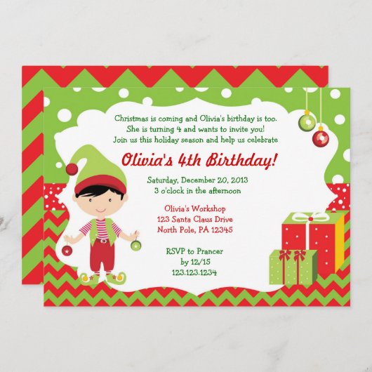 Kerstmis Chevron Boy Elf Birthday Uitnodiging (Voorkant / Achterkant)