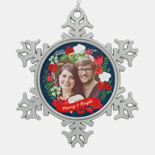Kerstmis Chevron Floral Wreath Foto gepersonalisee Tin Sneeuwvlok Ornament