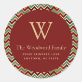 Kerstmis Chevron Pattern Red Green Gold Address Ronde Sticker (Voorkant)