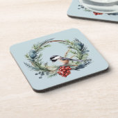 Kerstmis Chickadee Vogel in kranskunst Bier Onderzetter (Linkerzijde)