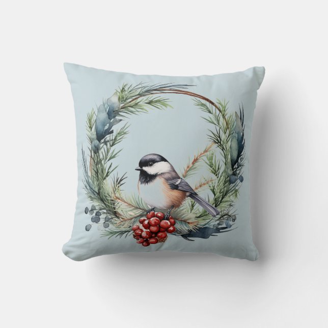 Kerstmis Chickadee Vogel in kranskunst Kussen (Voorkant)