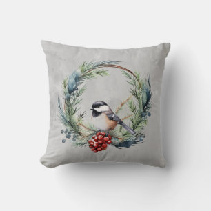 Kerstmis Chickadee Vogel in kranskunst Kussen