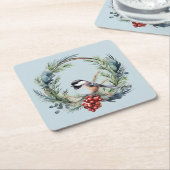 Kerstmis Chickadee Vogel in kranskunst Vierkante Kartonnen Onderzetter (Schuin)