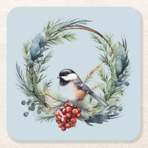 Kerstmis Chickadee Vogel in kranskunst Vierkante Kartonnen Onderzetter