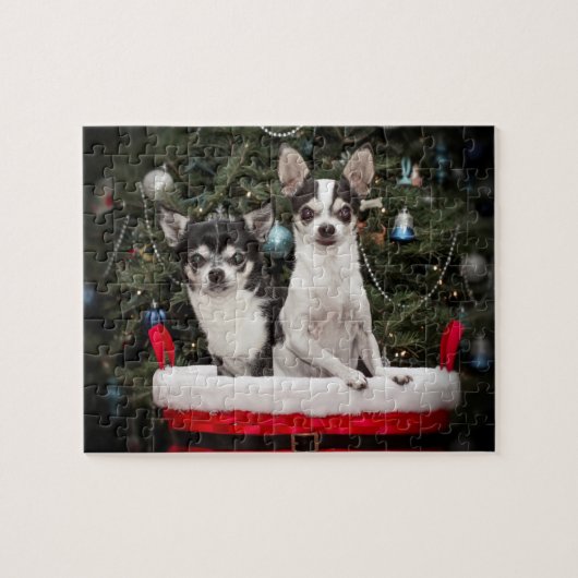 Kerstmis Chihuahua is in een rode mand Legpuzzel (Horizontaal)