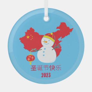 Kerstmis Chinese vlag Sneeuwman Glas Ornament