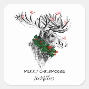 Kerstmis Chrismoose Moose Birds en Holly Sticker