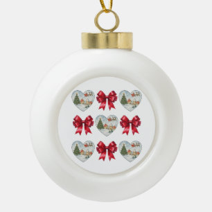 Kerstmis Coquette Hart en Strikken Patroon Keramische Bal Ornament