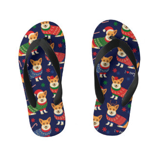 Kerstmis Corgis: feestelijke  illustratie. Kinder Teenslippers