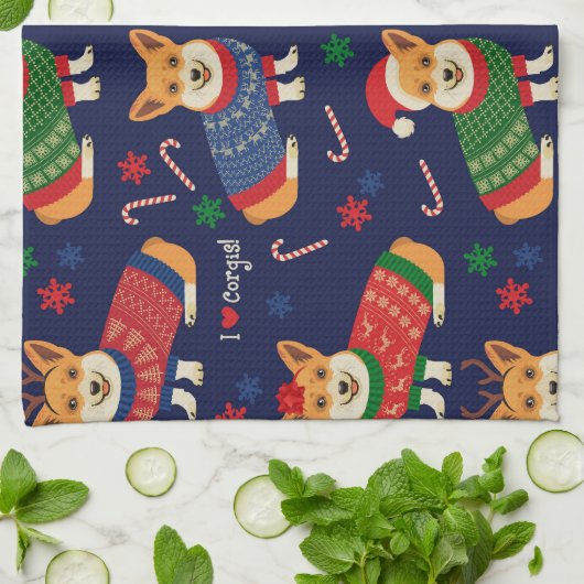 Kerstmis Corgis: feestelijke illustratie. Theedoek (Gevouwen)