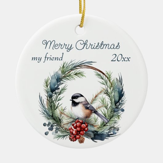 Kerstmis Custom Vriend Chickadee Vogelkrans Keramisch Ornament (Voorkant)